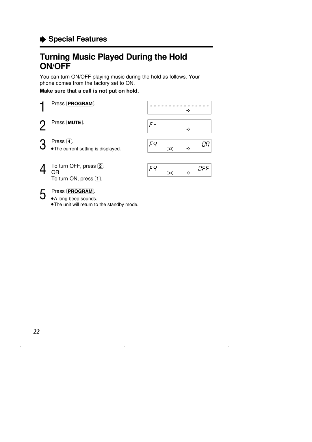 Panasonic KX-T2375ALW operating instructions Turning Music Played During the Hold, To turn OFF, press To turn ON, press 