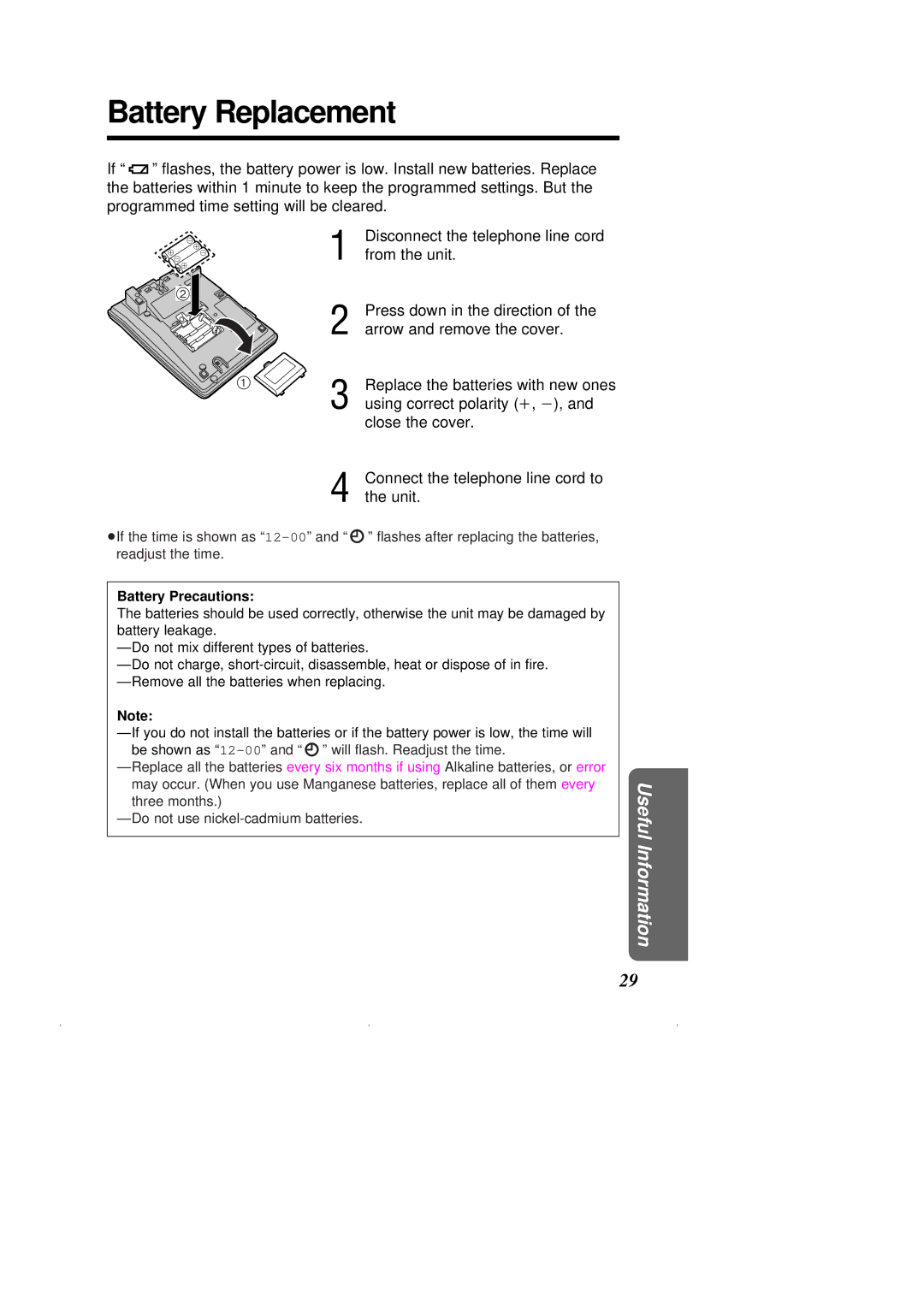 Panasonic KX-T2375ALW operating instructions Battery Replacement, Battery Precautions 