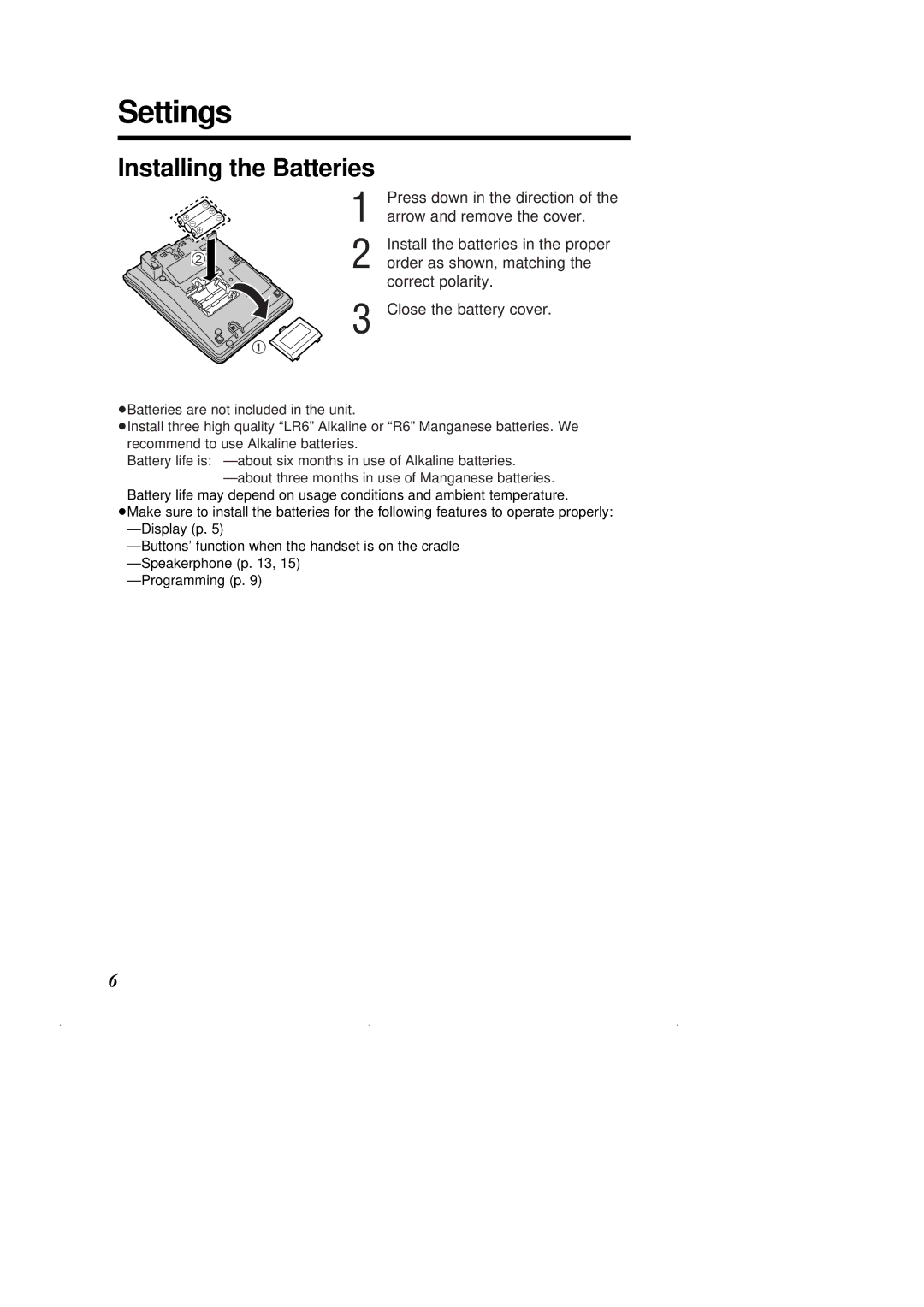 Panasonic KX-T2375ALW operating instructions Settings, Installing the Batteries 