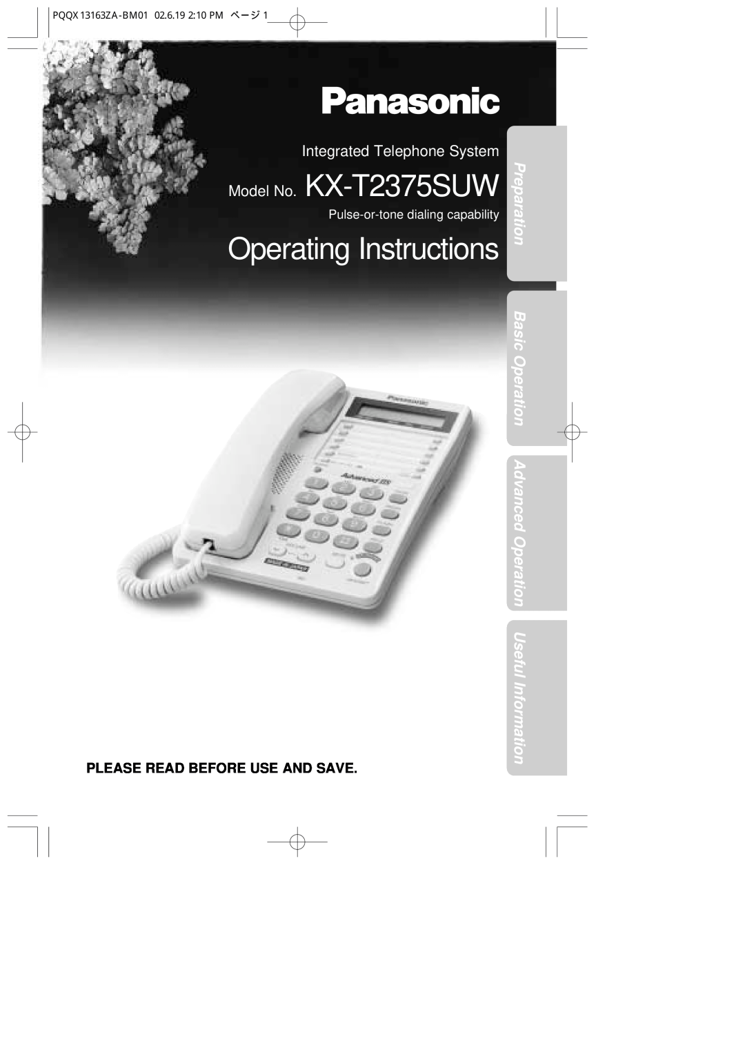 Panasonic KX-T2375SUW operating instructions Preparation, Basic Operation Advanced Operation Useful Information 