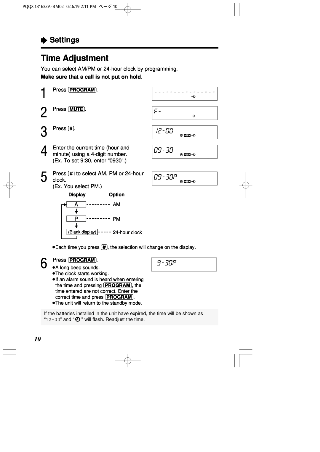 Panasonic KX-T2375SUW Time Adjustment, You can select AM/PM or 24-hour clock by programming, Press MUTE Press, “ Settings 