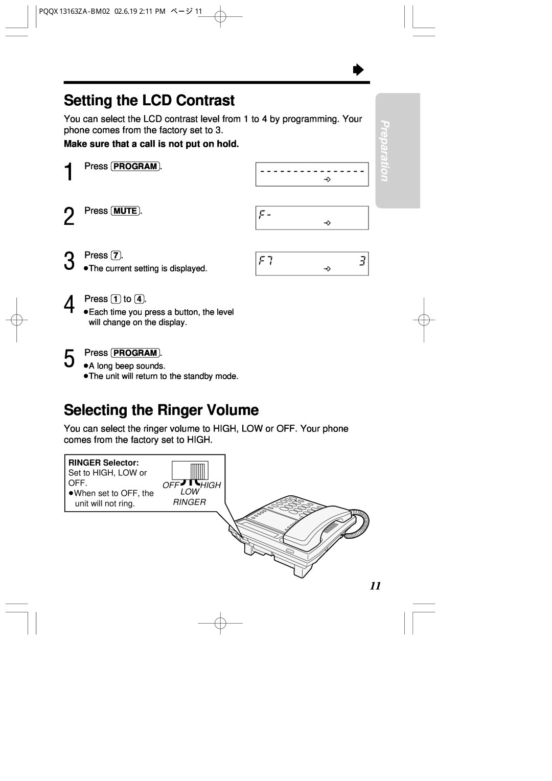 Panasonic KX-T2375SUW operating instructions Setting the LCD Contrast, Selecting the Ringer Volume, Preparation 