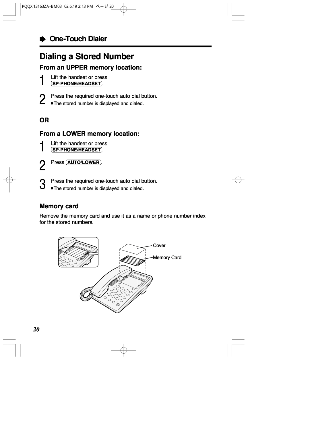 Panasonic KX-T2375SUW “ One-Touch Dialer, From an UPPER memory location, OR From a LOWER memory location, Memory card 