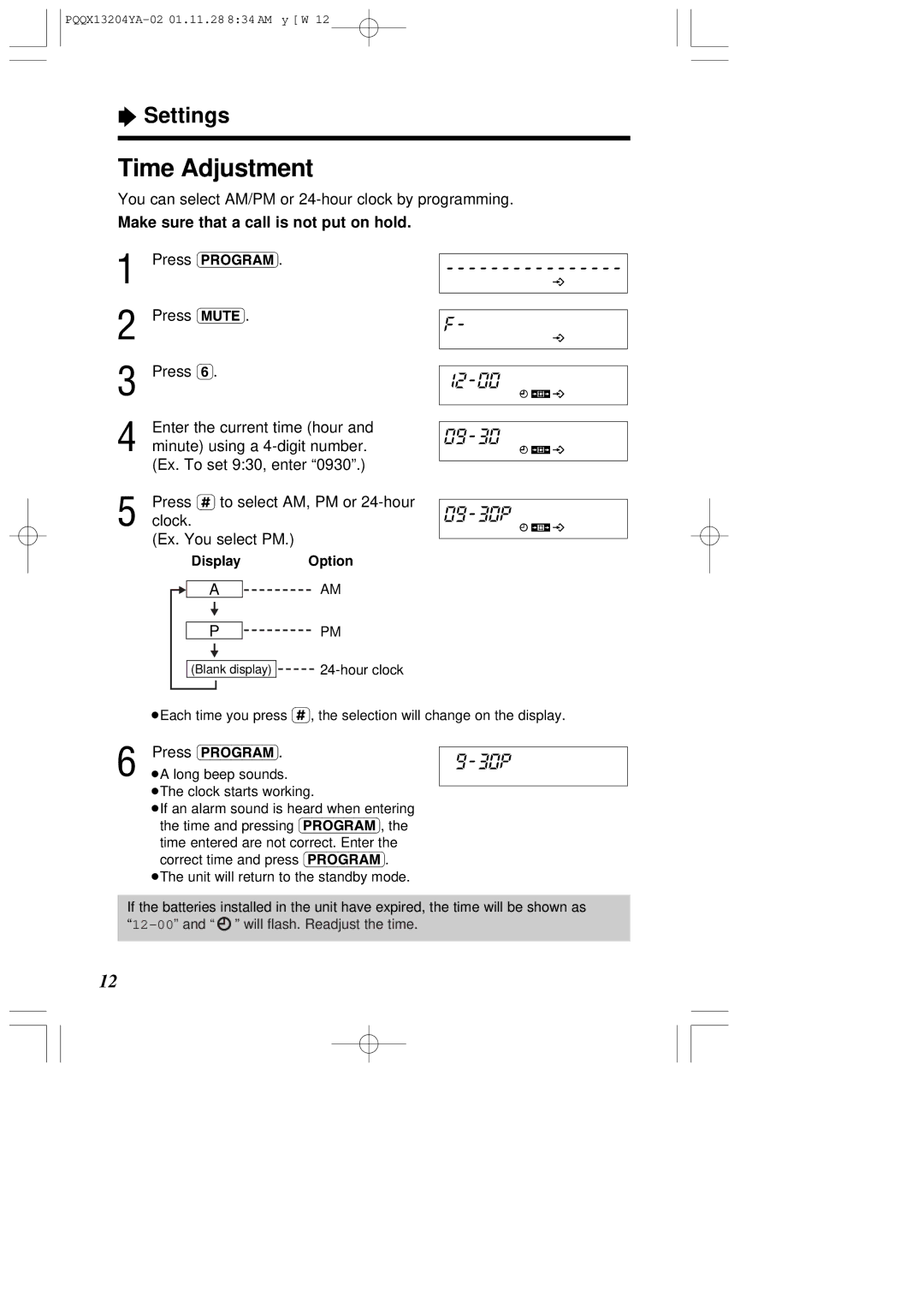 Panasonic KX-T2378JXW operating instructions Time Adjustment, You can select AM/PM or 24-hour clock by programming 