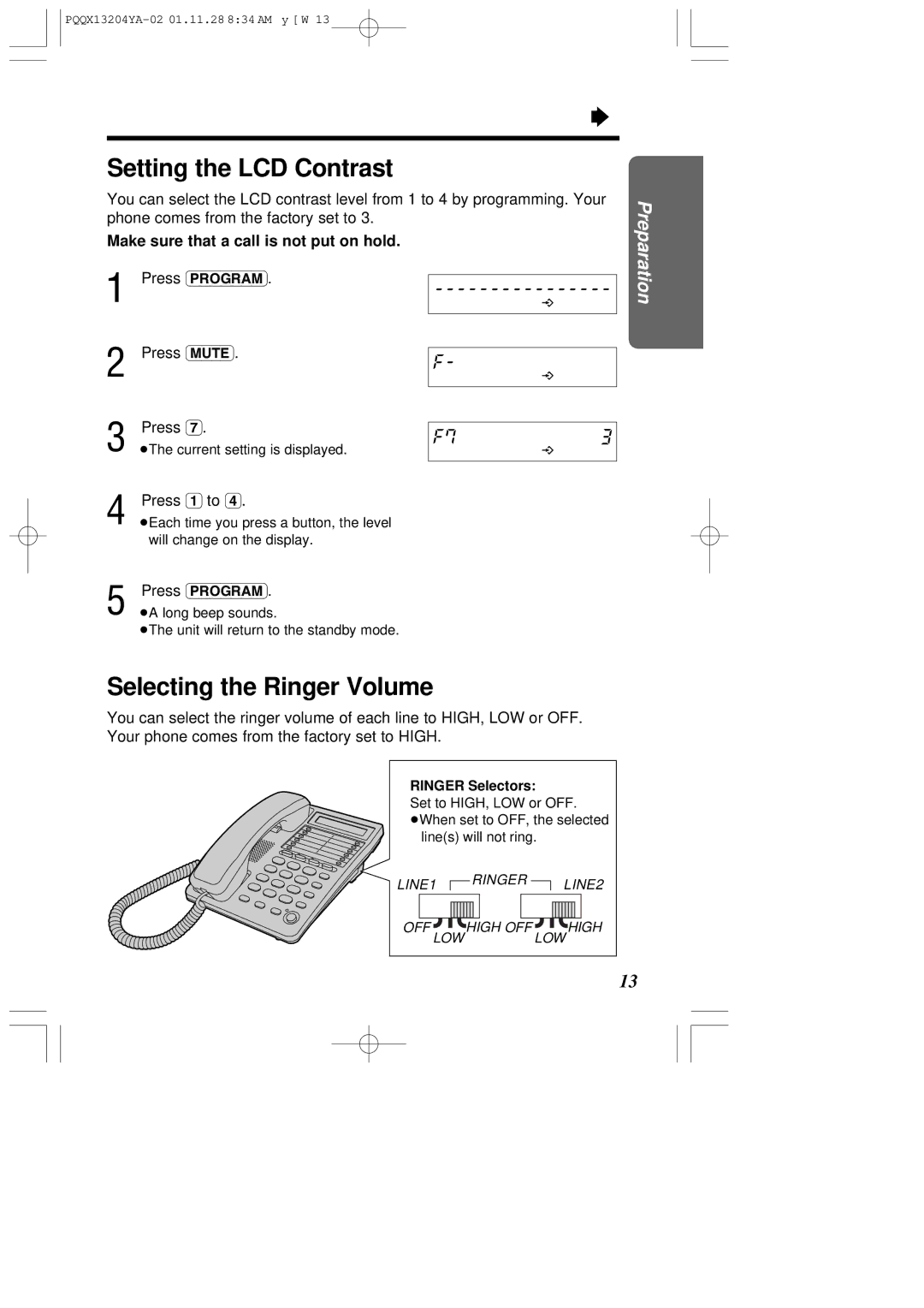 Panasonic KX-T2378JXW operating instructions Setting the LCD Contrast, Selecting the Ringer Volume, Press 1 to 