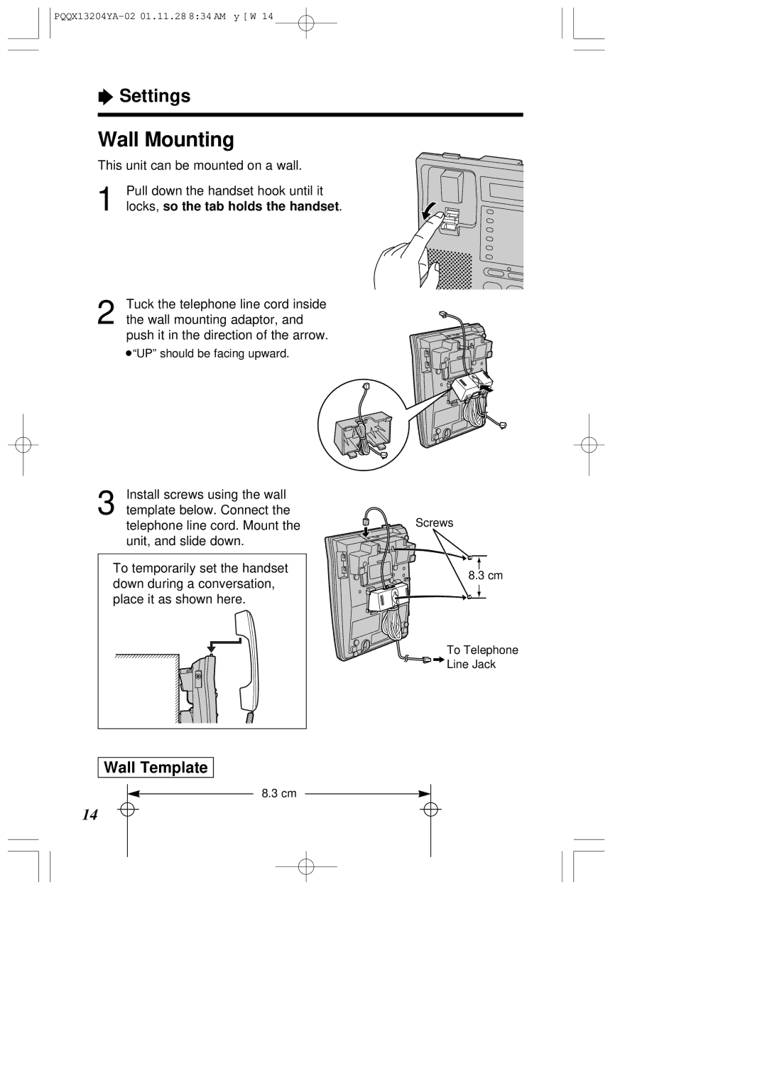 Panasonic KX-T2378JXW operating instructions Wall Mounting, Wall Template, Locks, so the tab holds the handset 