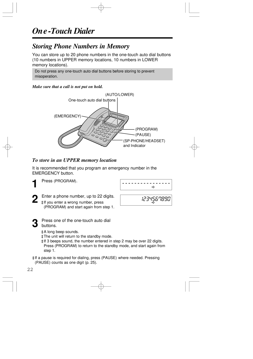 Panasonic KX-T2378JXW One-Touch Dialer, To store in an Upper memory location, Press one of the one-touch auto dial buttons 