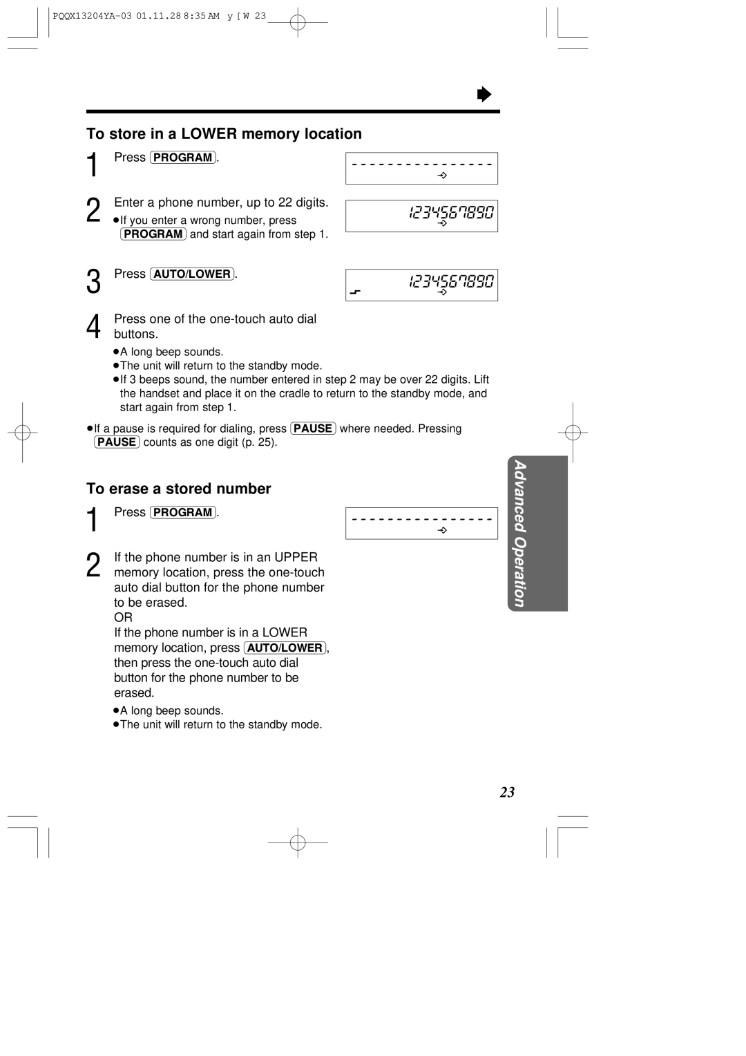 Panasonic KX-T2378JXW operating instructions To store in a Lower memory location, If the phone number is in an Upper 