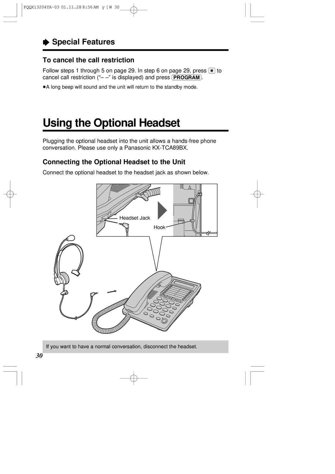 Panasonic KX-T2378JXW operating instructions Using the Optional Headset, To cancel the call restriction 