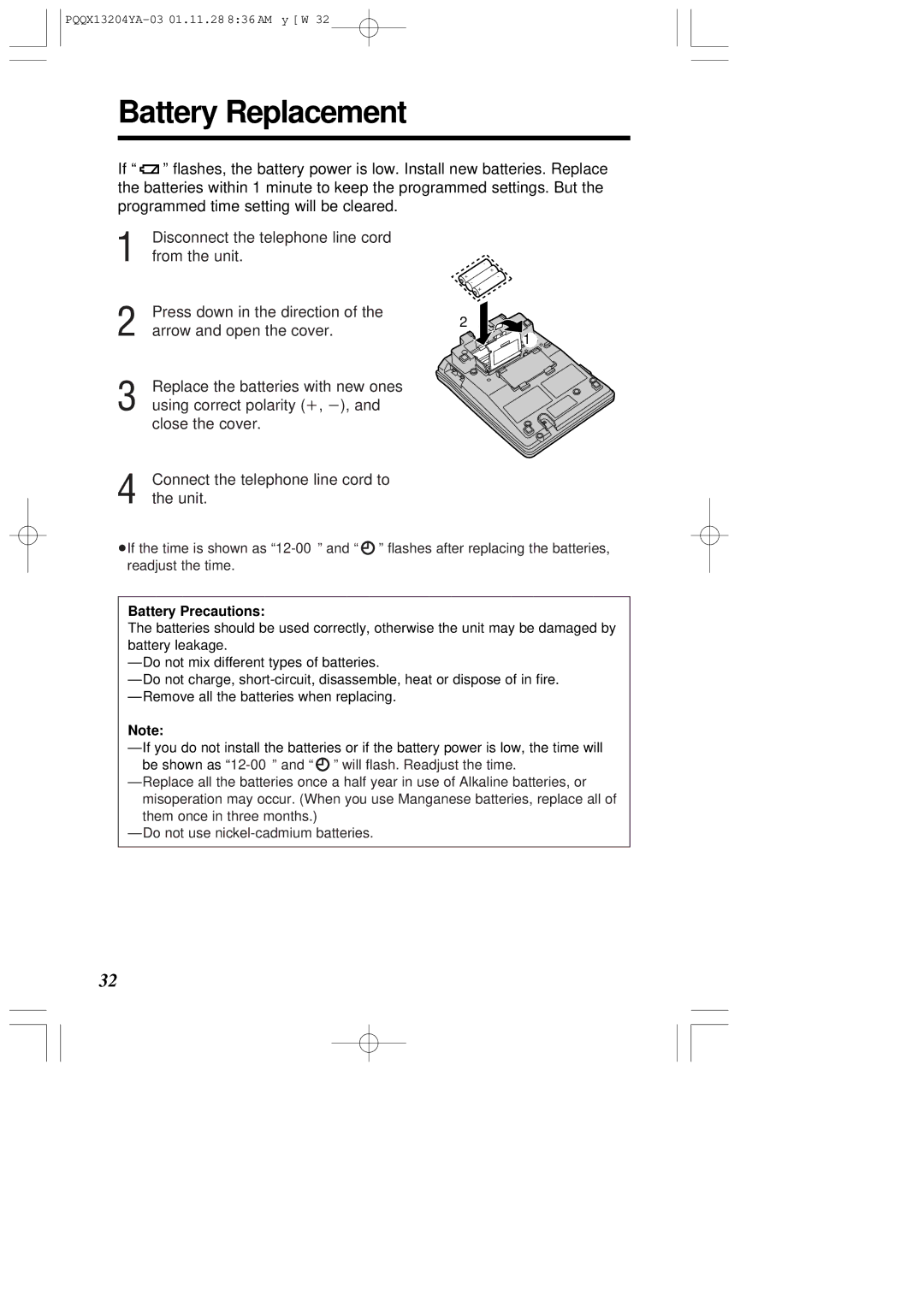 Panasonic KX-T2378JXW operating instructions Battery Replacement, Battery Precautions 