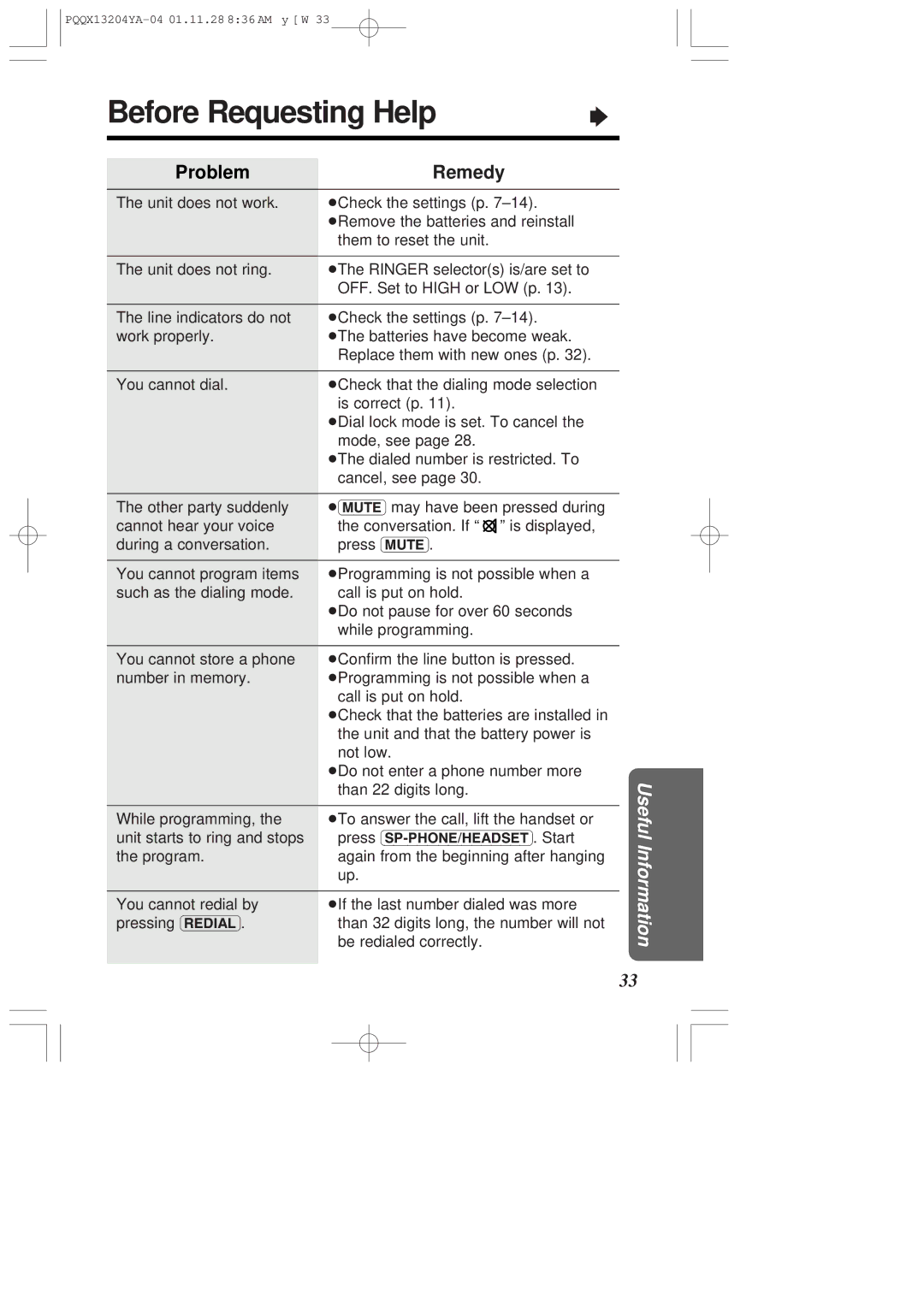 Panasonic KX-T2378JXW operating instructions Before Requesting Help, Problem Remedy 