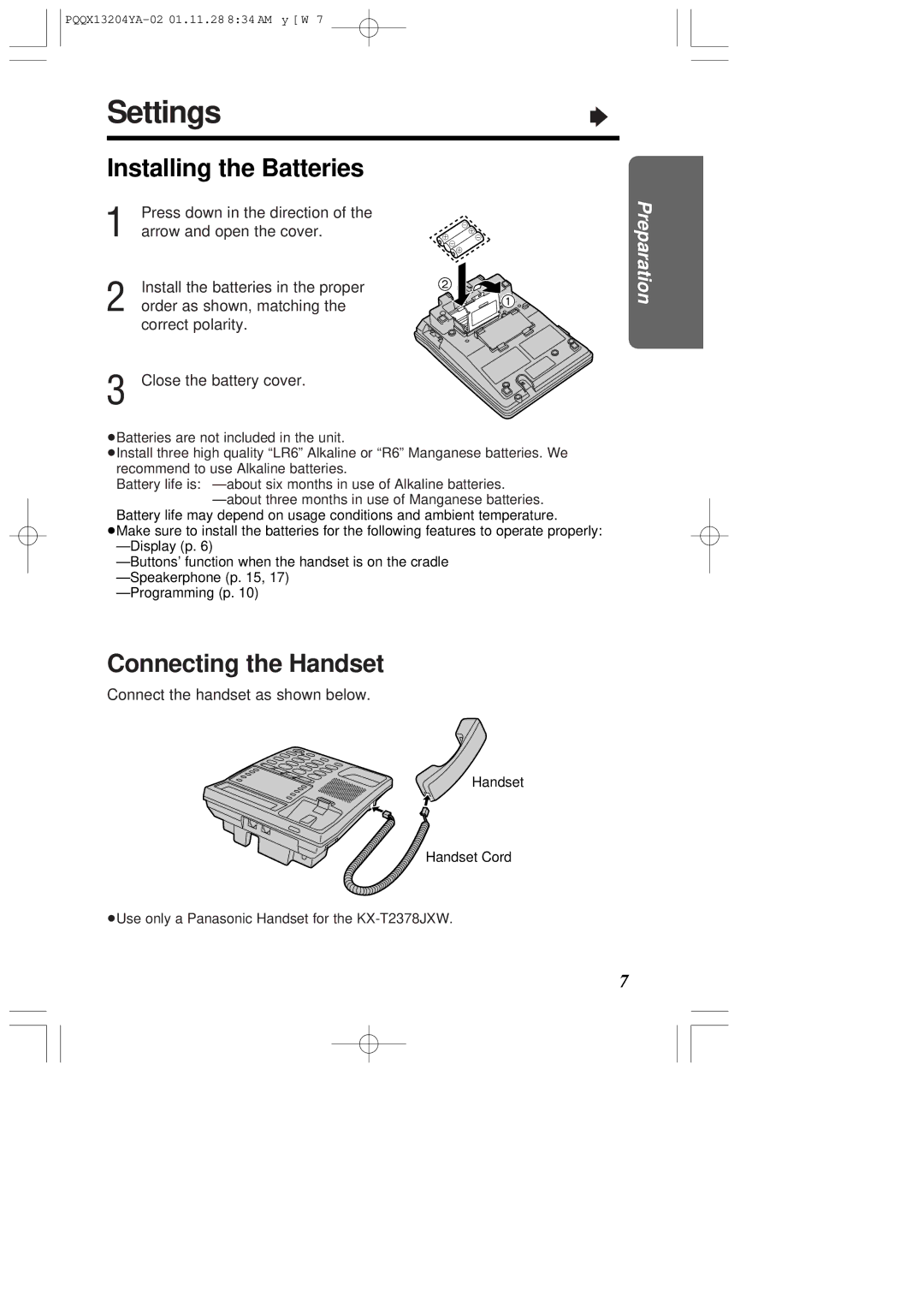 Panasonic KX-T2378JXW Settings, Installing the Batteries, Connecting the Handset, Connect the handset as shown below 