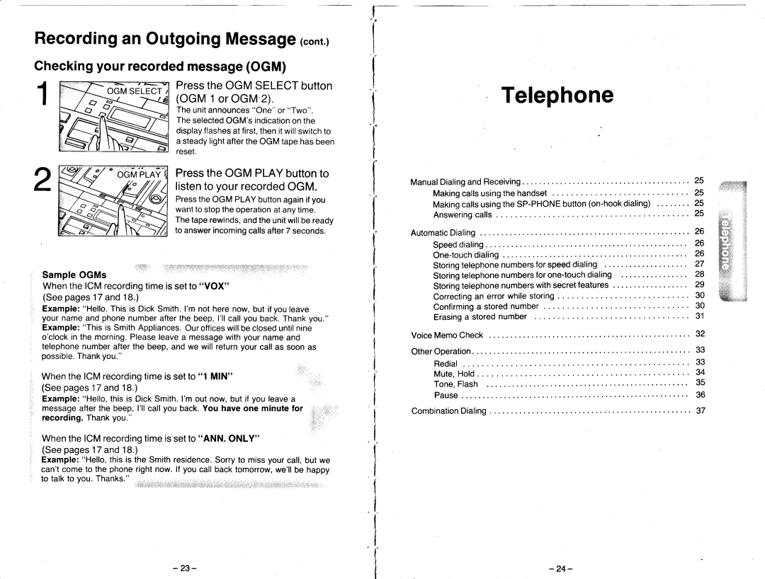 Panasonic KX-T2470 Recordingan OutgoingMessagecont, Checkingyour recordedmessageOGM, PresstheOGMSELECTbutton, OGM1orOGM2 