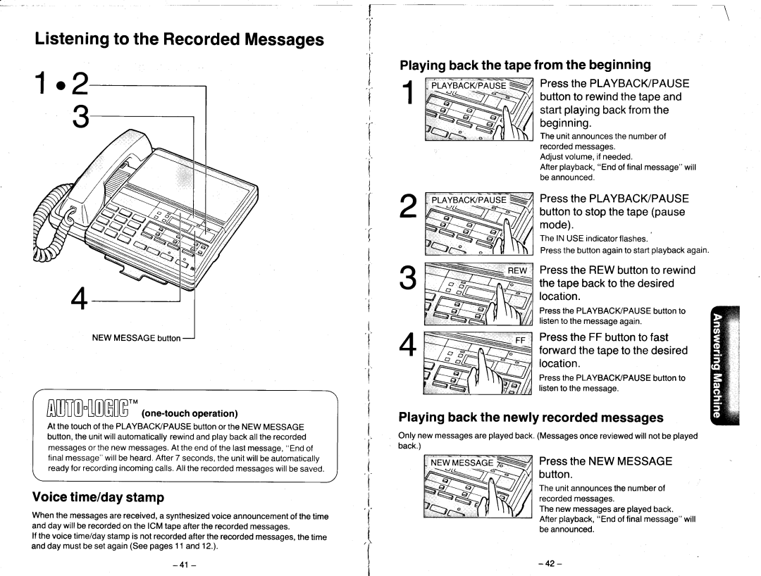 Panasonic KX-T2470 Listeningto the RecordedMessages, AUTI0CIGlGone-touchoperation, Playingbackthe tapefromthe beginning 