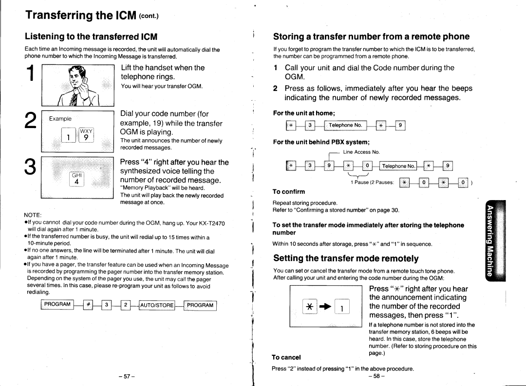 Panasonic KX-T2470 manual Transferringthe ICMcont, Listeningto thetransferredIGM, Storinga transfernumberfroma remotephone 