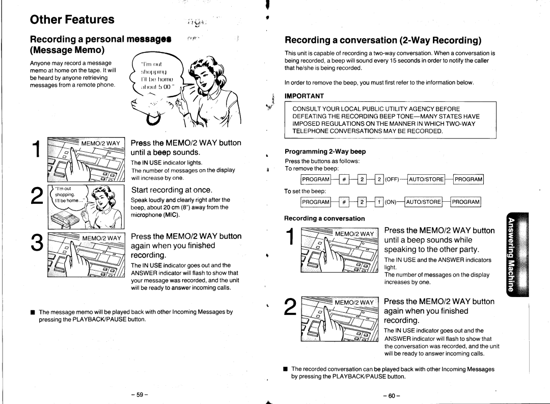 Panasonic KX-T2470 manual OtherFeatures, Recordinga personalmessagcf MessageMemo, Recordinga conversation2-WayRecording 