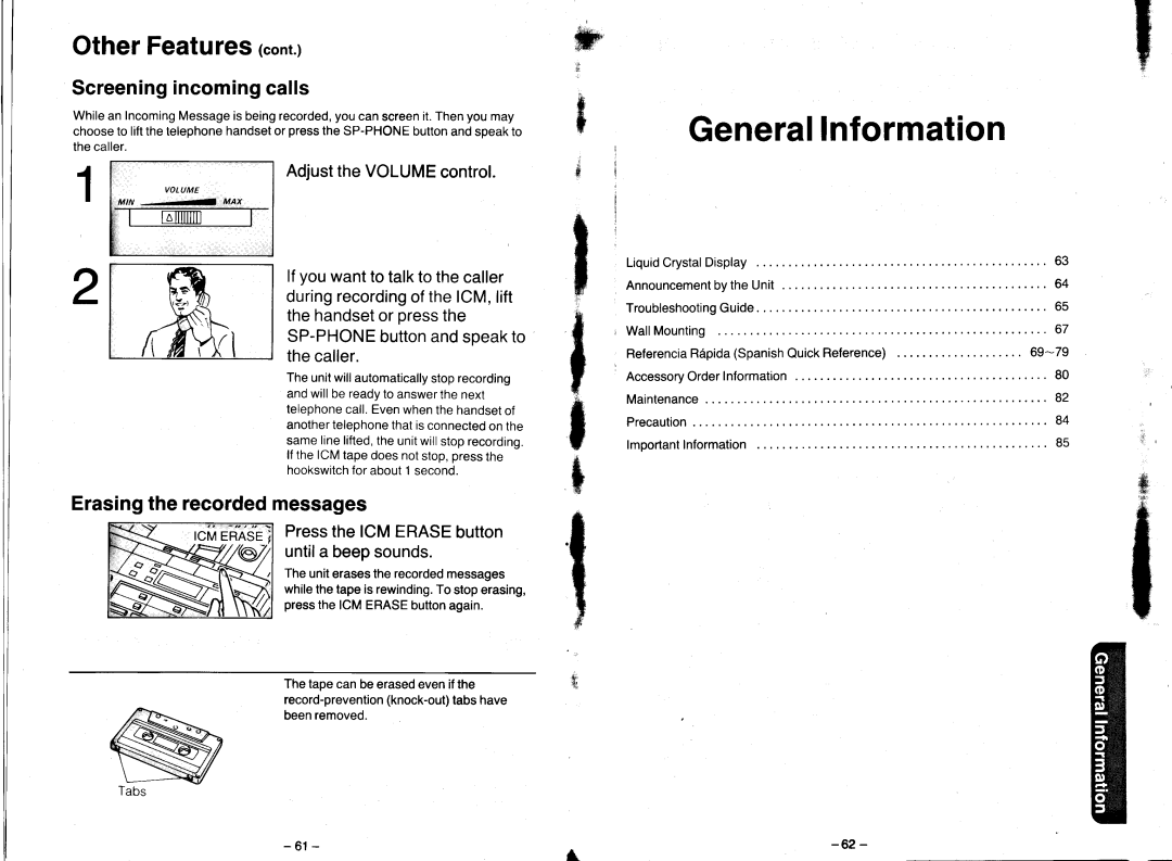 Panasonic KX-T2470 manual Other Featufes, Screeningincomingcalls, Erasingthe recordedmessages, AdjusttheVOLUMEcontrol 