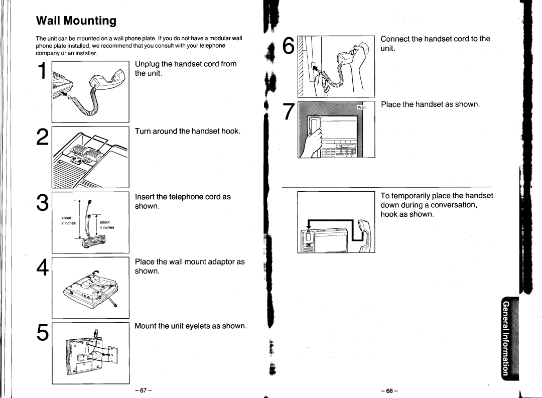 Panasonic KX-T2470 manual WallMounting, Turnaroundthehandsethook Insertthetelephonecordas shown 