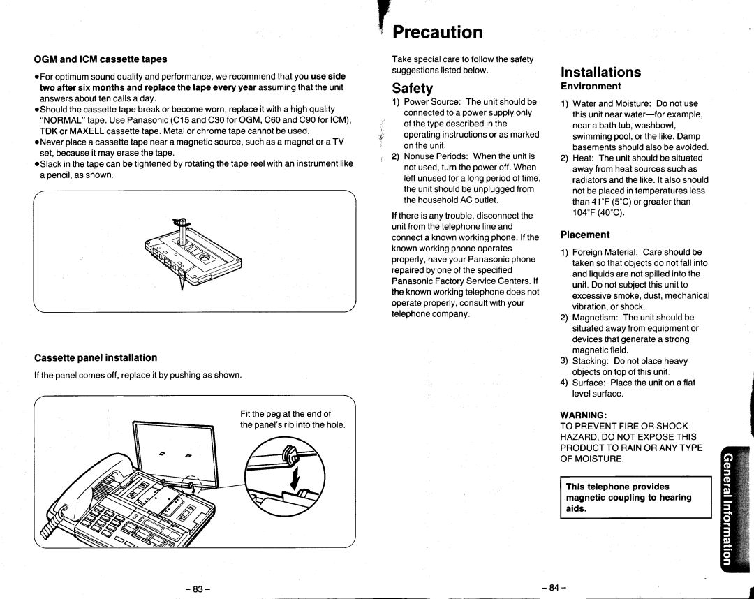 Panasonic KX-T2470 manual Precaution, Safety, Installations, OGMandICMcassettetapes, Cassettepanelinstallation 