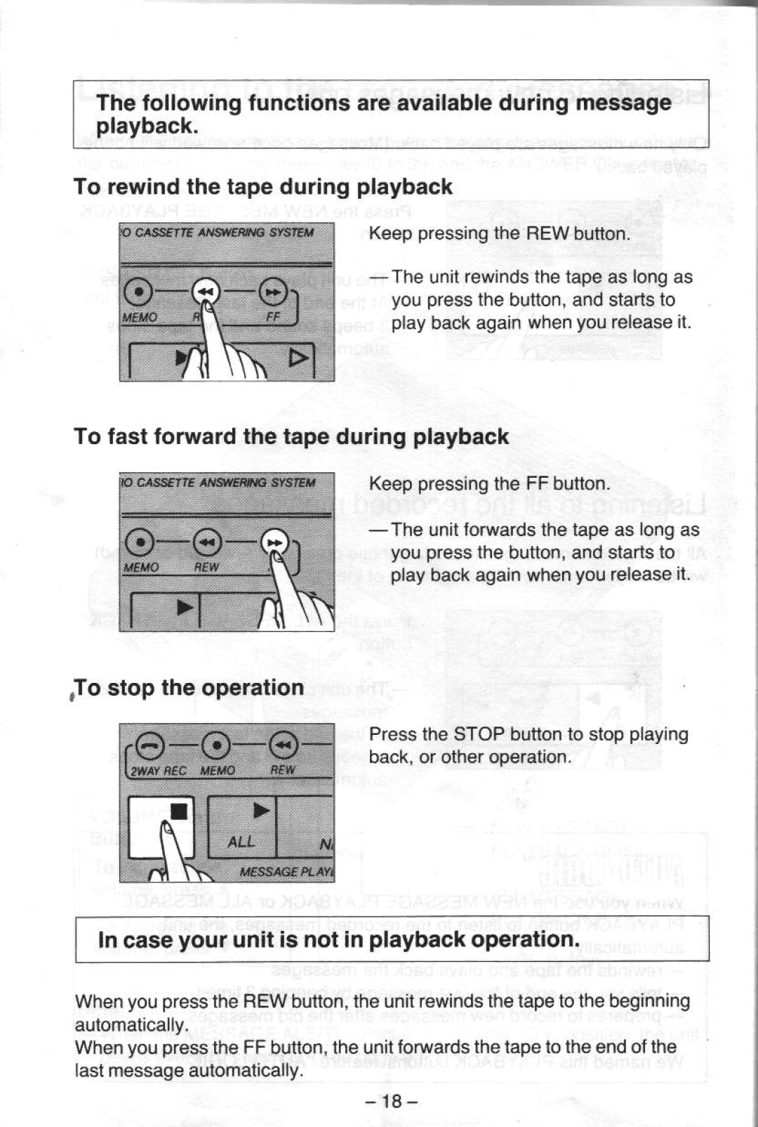 Panasonic KX-T5000 manual Incaseyourunitis notin playbackoperation, To fast torwa.d the tapeduring playback 