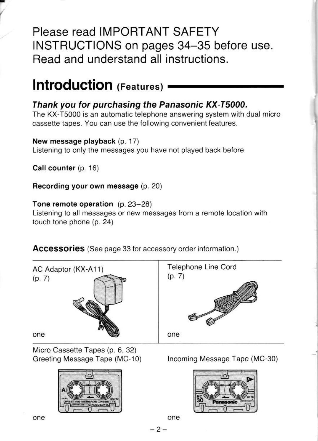 Panasonic manual Lntroduction Features, Thankyou for purchasingthe PanasonicKX-T5000 