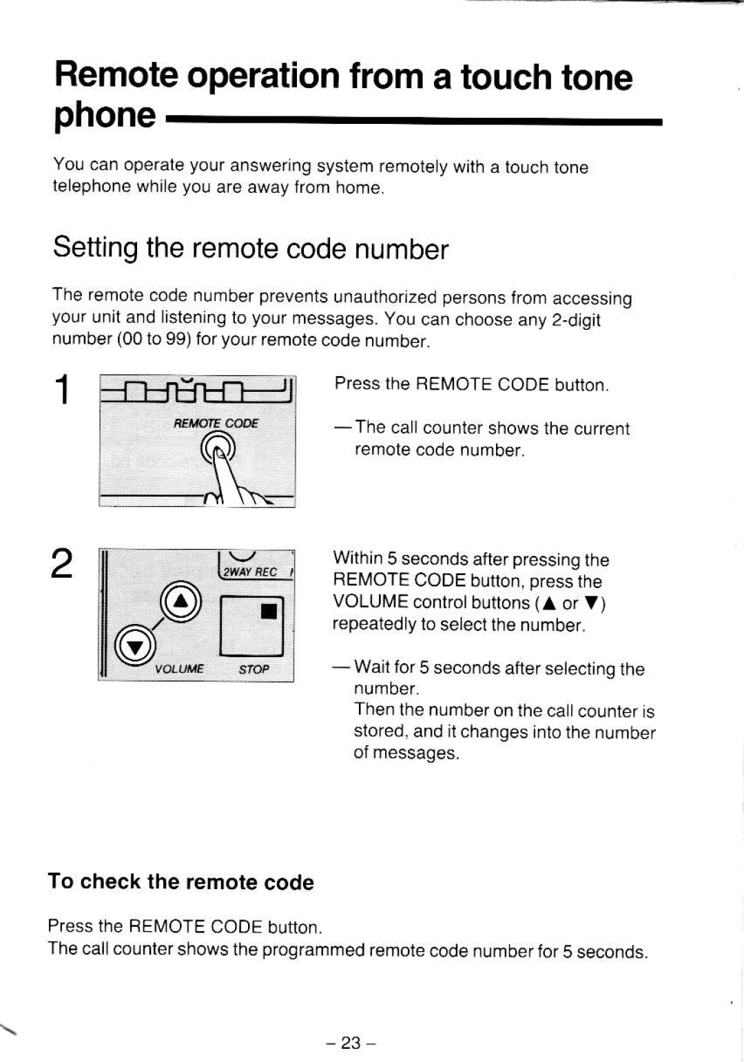 Panasonic KX-T5000 manual Remoteoperationfroma touchtone phone, Settingtheremotecodenumber, To checkthe remotecode 