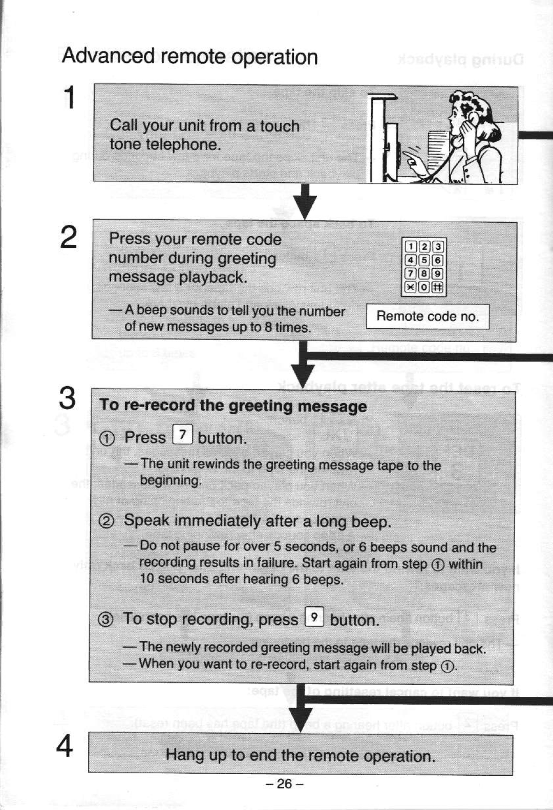 Panasonic KX-T5000 manual Advancedremoteooeration, To re-recordthe greetingmessage, Jmmediately, @ Speak Aftera longbeep 