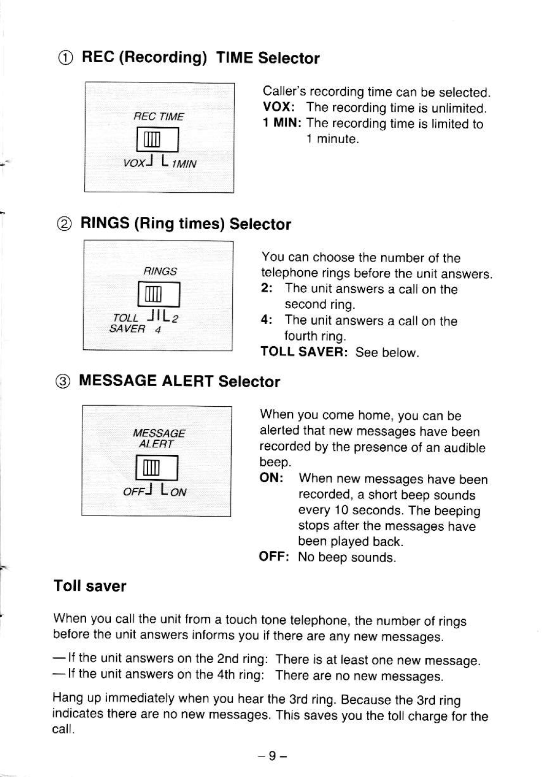 Panasonic KX-T5000 manual BECRecordingTIMESelector, @ RINGSRingtimesSetector, @ MESSAGEALEBTSelector, Tollsaver 