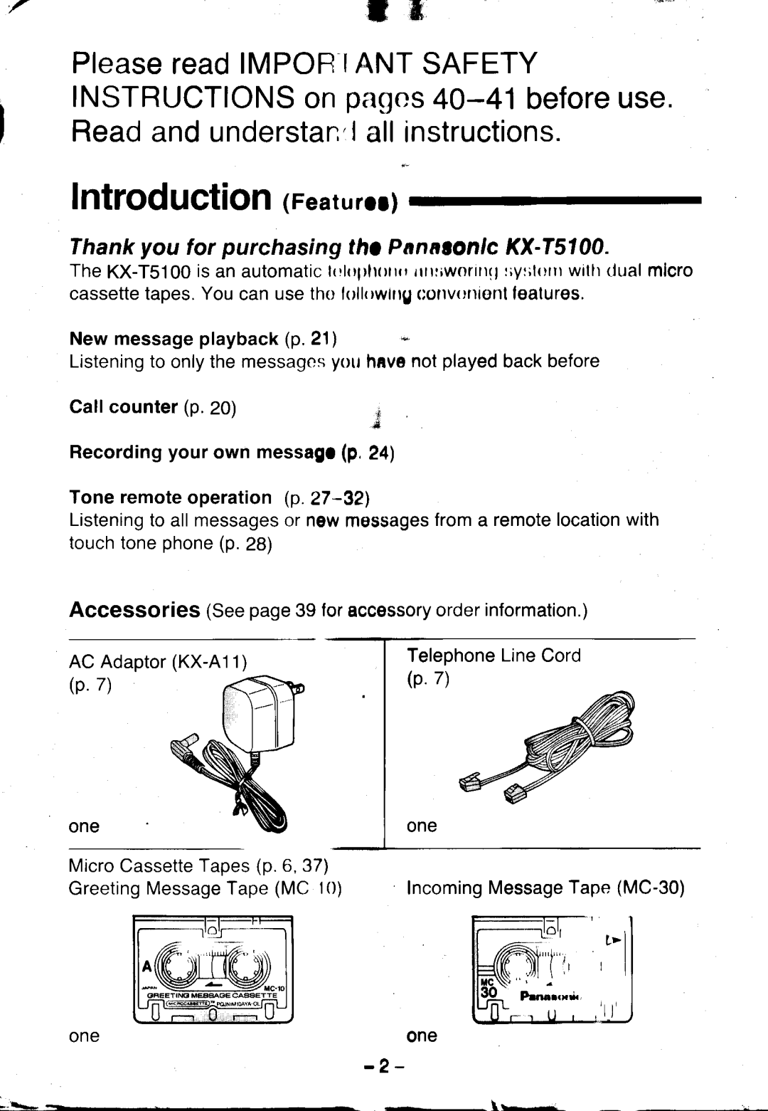 Panasonic KX-T5100 manual IntroductionFeaturu, Thankyou for purchasingtlto PanaaonlcKX-75100 