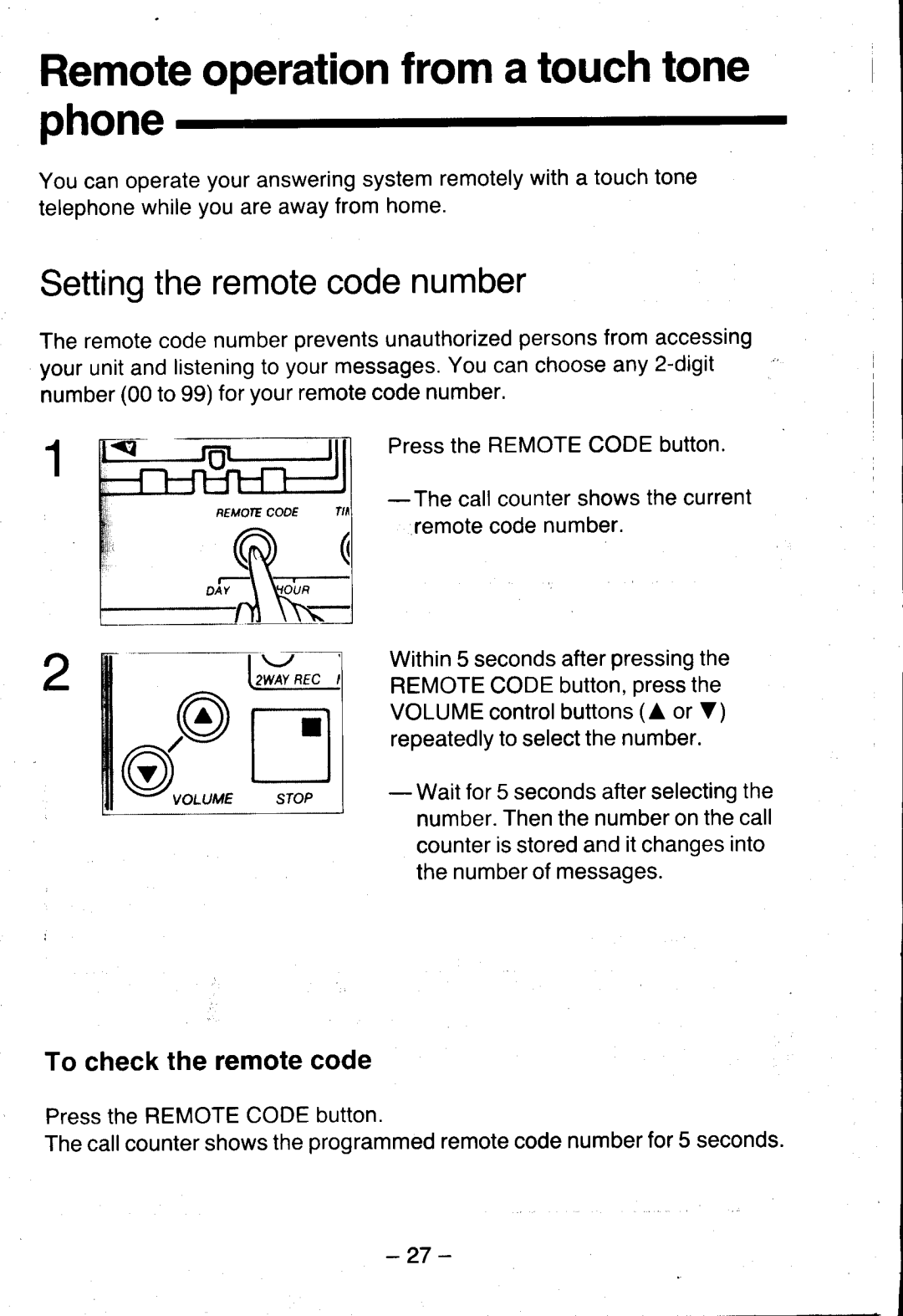 Panasonic KX-T5100 manual Remoteoperationfroma touchtone phone, Settingtheremotecodenumber, To checkthe remotecode 