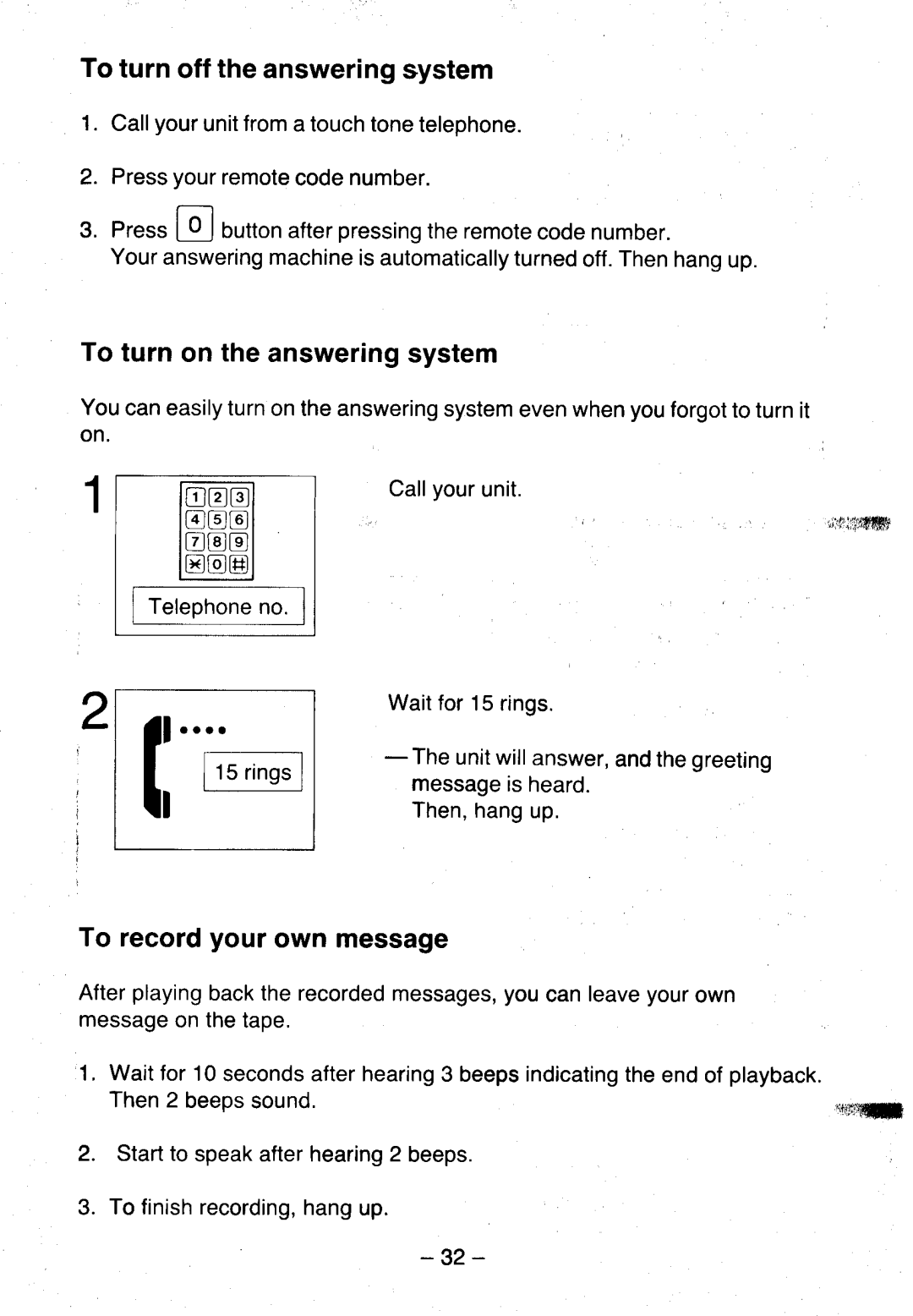 Panasonic KX-T5100 manual To turn off theansweringsystem, To turn on theansweringsystem, To recordyour own message 