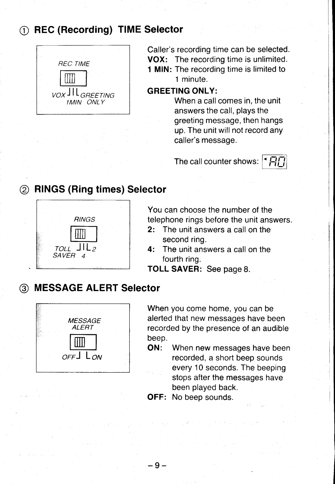 Panasonic KX-T5100 manual RECRecordingTIMESelector, @ RINGSRingtimesSelector, @ MESSAGEALERTSelector 