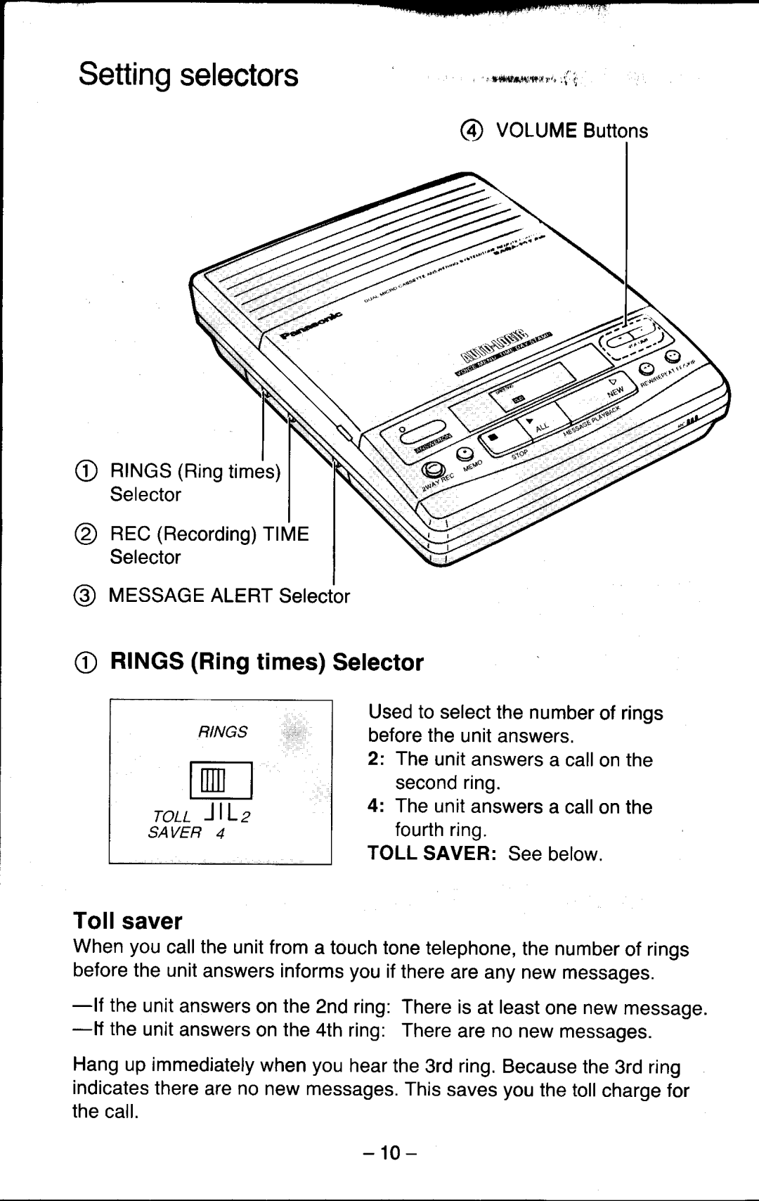 Panasonic KX-T5200 manual RINGSRingtimesSelector, Tollsaver, @ RECRecordingTl, Rott JlLz 