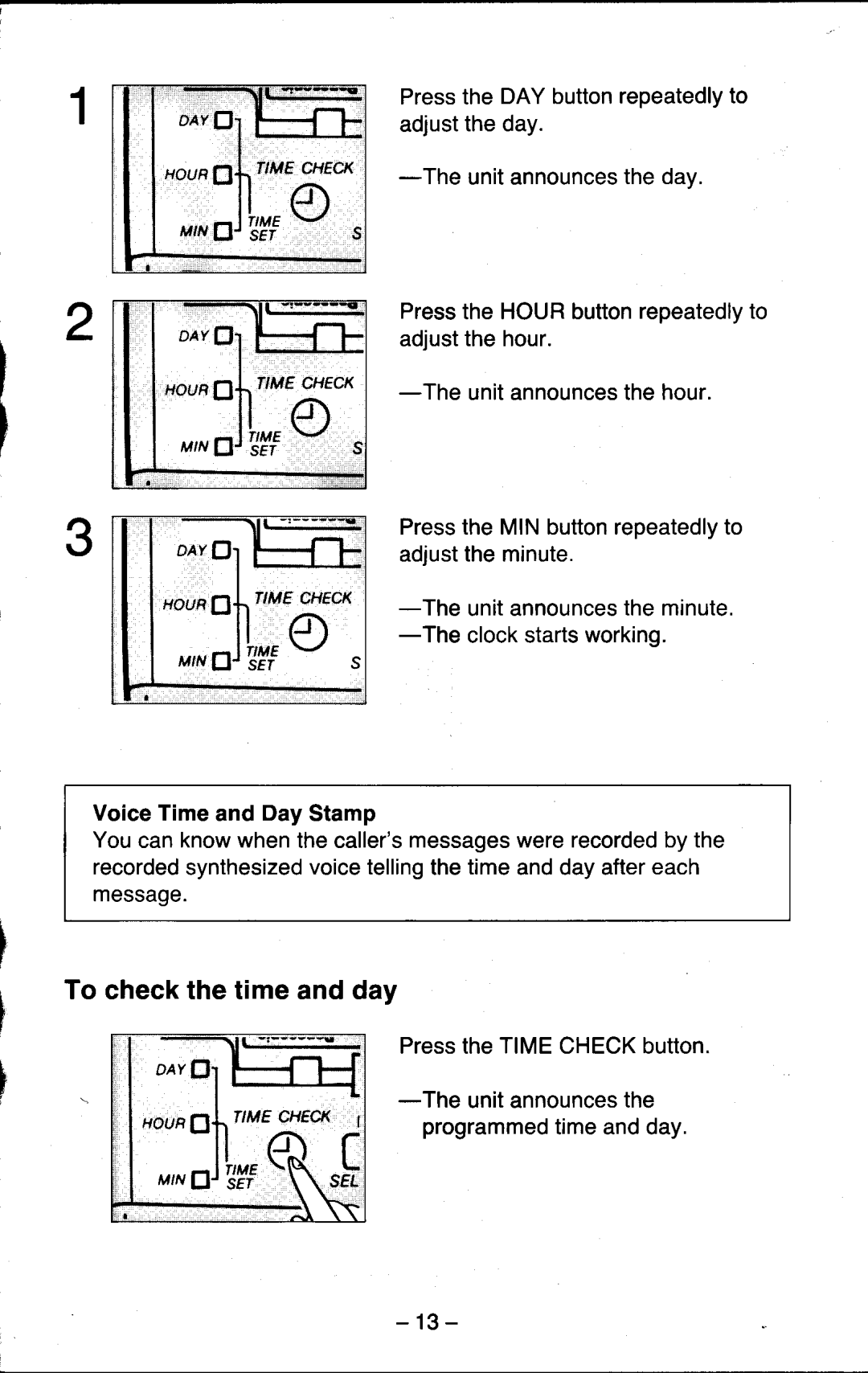 Panasonic KX-T5200 manual PresstheDAYbuttonrepeatedlyto, Adjusttheday, Unitannouncestheday 