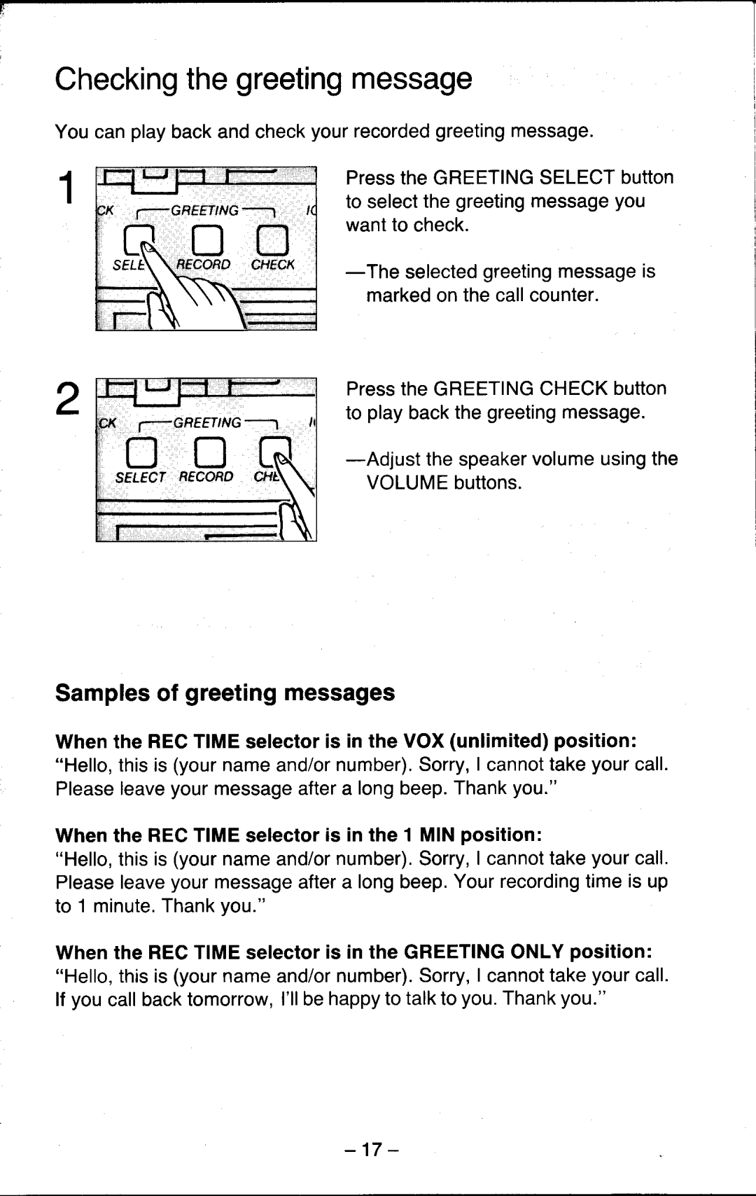 Panasonic KX-T5200 manual Checkingthegreetingmessage, Samplesof greetingmessages 