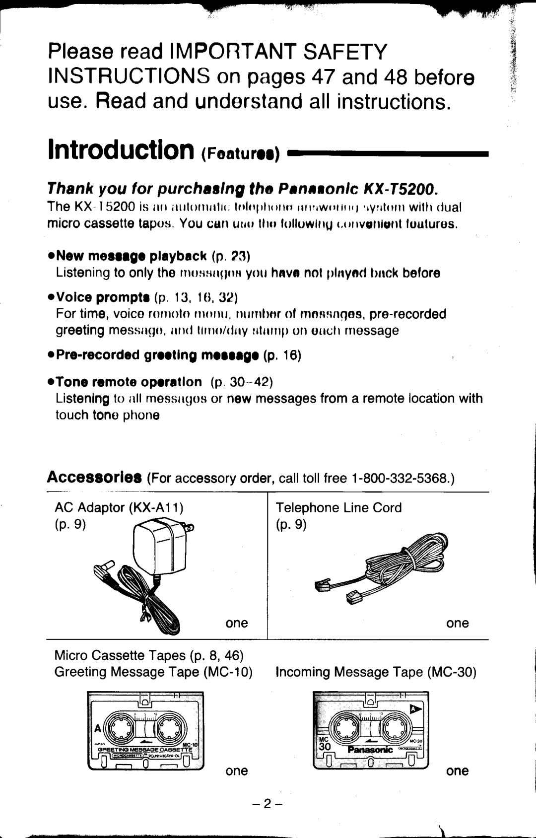 Panasonic Thankyou lor purchaelngtha PanasonlcKX-T5200, AccesgOrlel lfor accessoryorder,calltollfree1-800-332-5368 