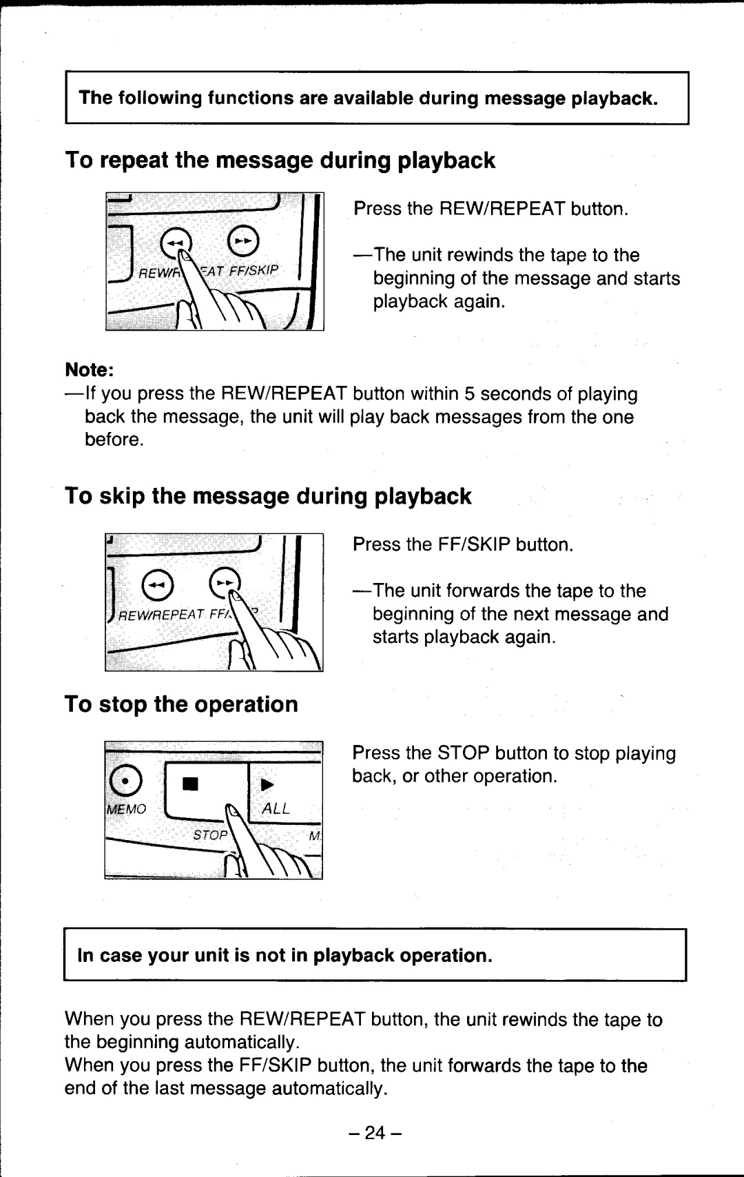 Panasonic KX-T5200 manual To repeatthe messageduringplayback, To skipthe messageduringplayback, To stop the operation 