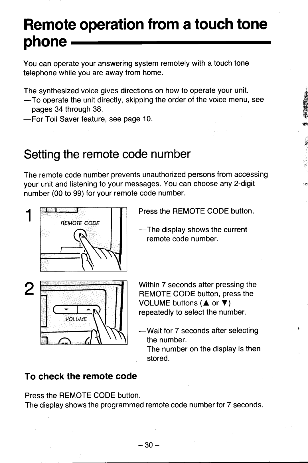 Panasonic KX-T5200 manual Remoteoperationfroma touchtone phone, Settingtheremotecodenumber, To checkthe remotecode 