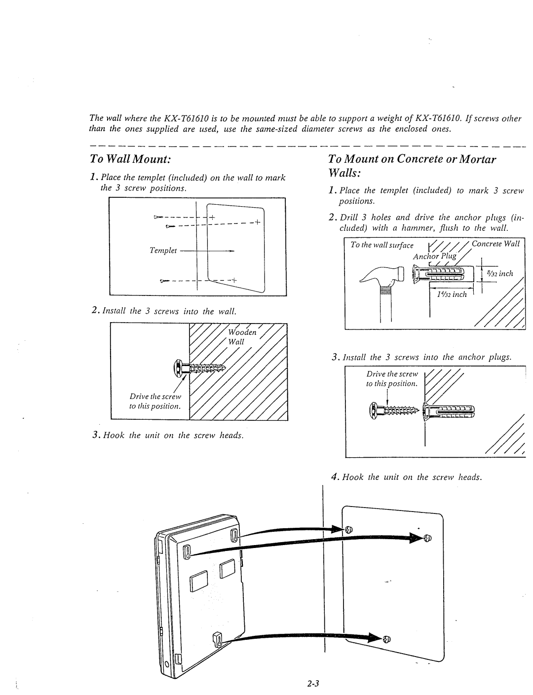 Panasonic KX-T61610 manual To Mount on Concrete or Mortar Walls, Hook the unit on the screw heads 