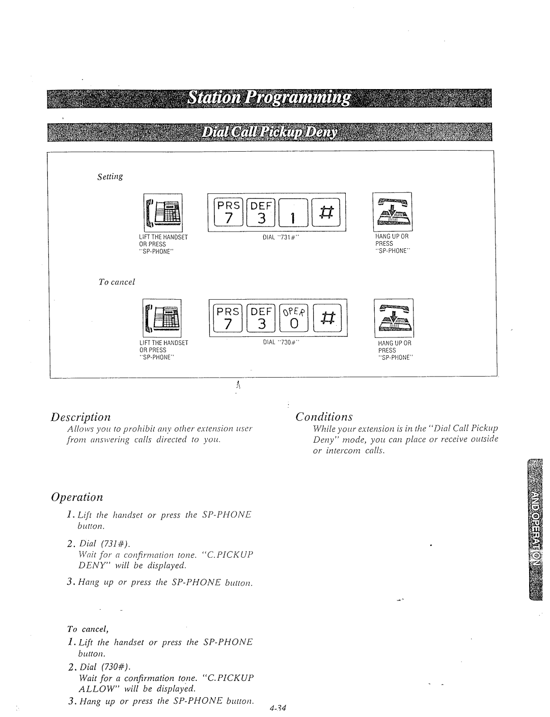 Panasonic KX-T61610 manual Descl-iptiorz, Coditions, To cuncel, Dial 731#, Derly mode, you can place or receive olctside 