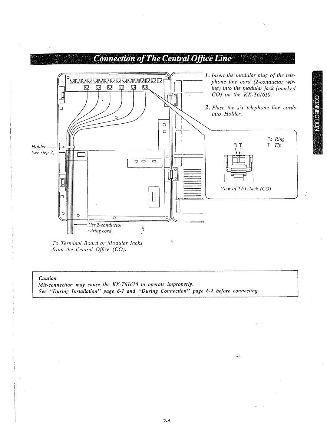 Panasonic manual Plug, Line, Conductor Wir Ing into, CO on the KX-T61610 Place the six telephone line cords Into, Tip 