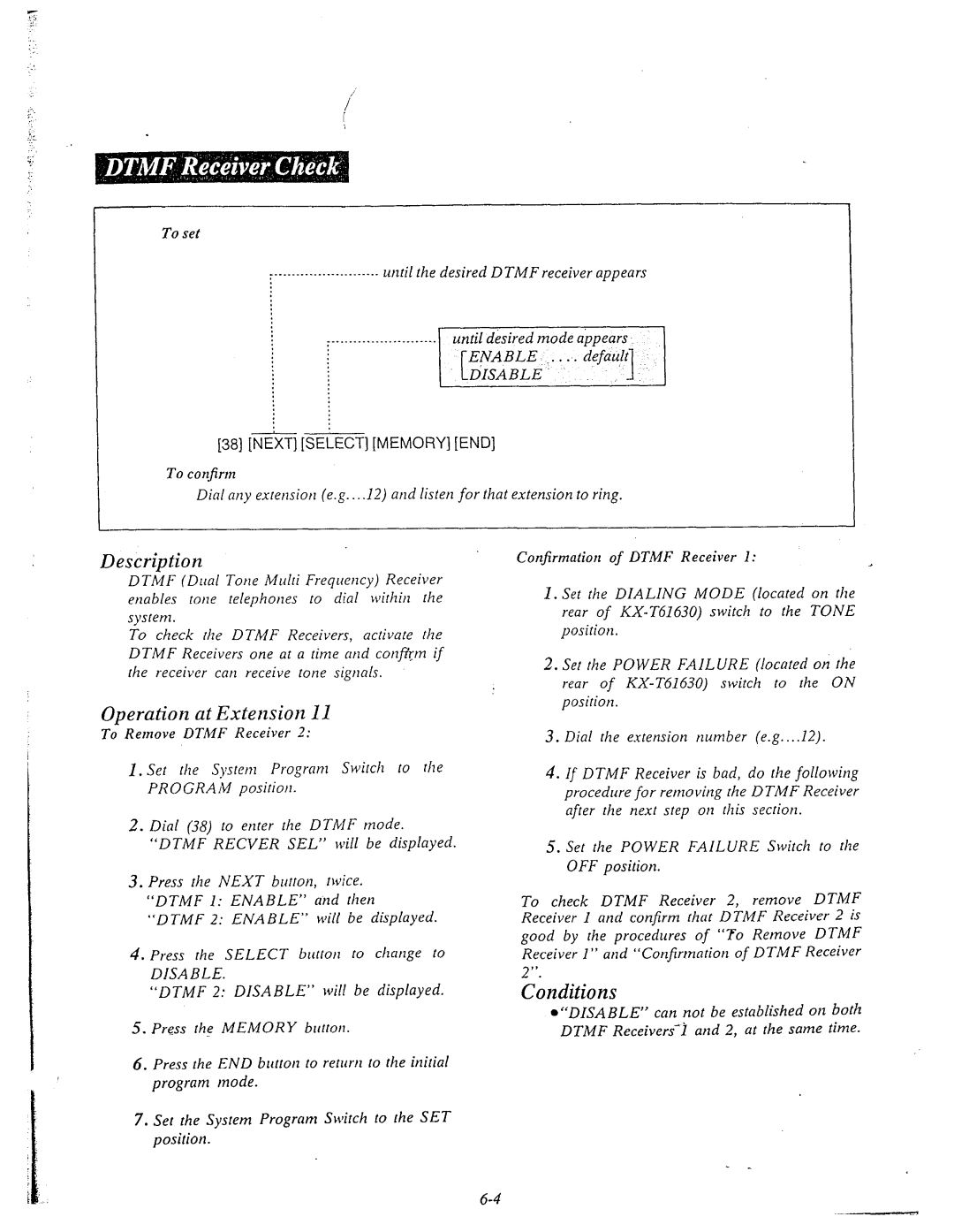 Panasonic KX-T61610 manual Operation at Extension, Nditions, To set Until the desired D TMF receiver appears, Disable 