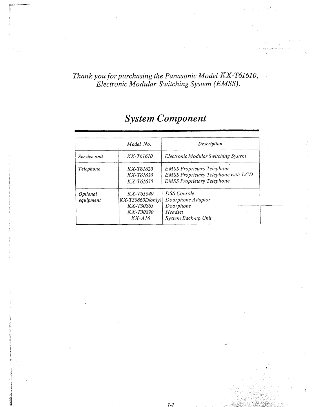 Panasonic KX-T61610 manual Model No, Service unit KX-7-61610 Telephone KX-T61620, Optional, Equipment, KX-Al6 