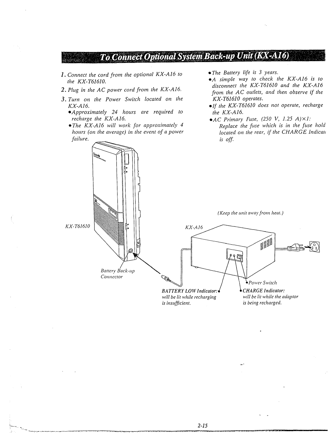 Panasonic KX-T61610 manual Keep the unit CMWJfrom heat KX-Al6 ,‘ Battery LOW Indicator 