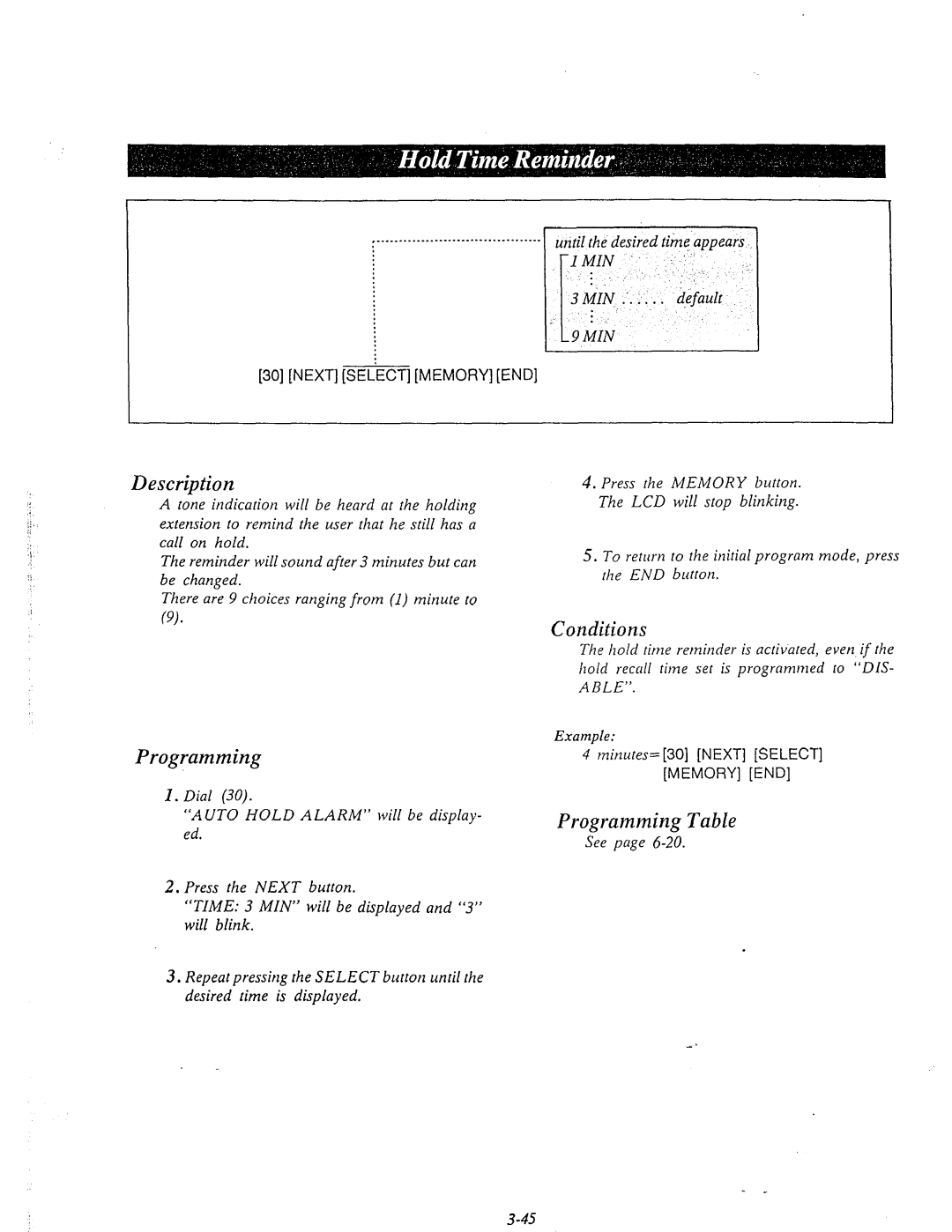 Panasonic KX-T61610 manual Conditions Progmmming, Until the desired time appears, Next Seect Memory END 