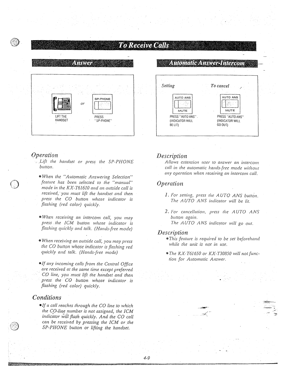 Panasonic KX-T61610 manual OperatiolYz, Co,nditions, Setting To cancel 