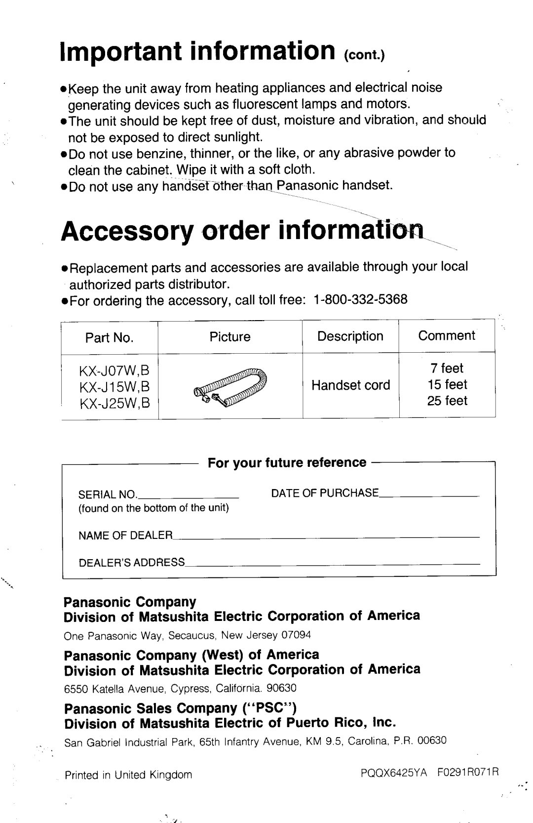 Panasonic kx-t7030 manual Important information, Accessory order infor&ti 