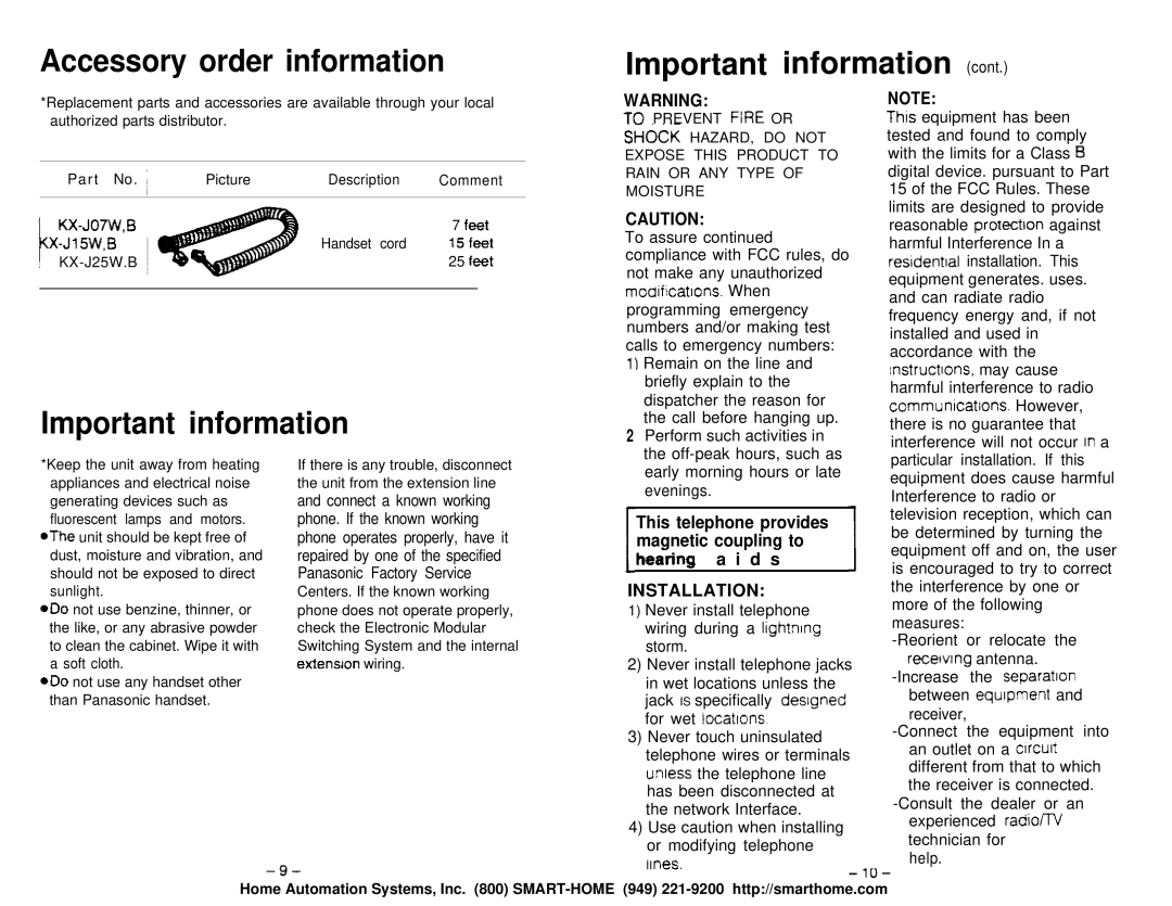 Panasonic KX-T7050 manual Accessory order information, Important information 