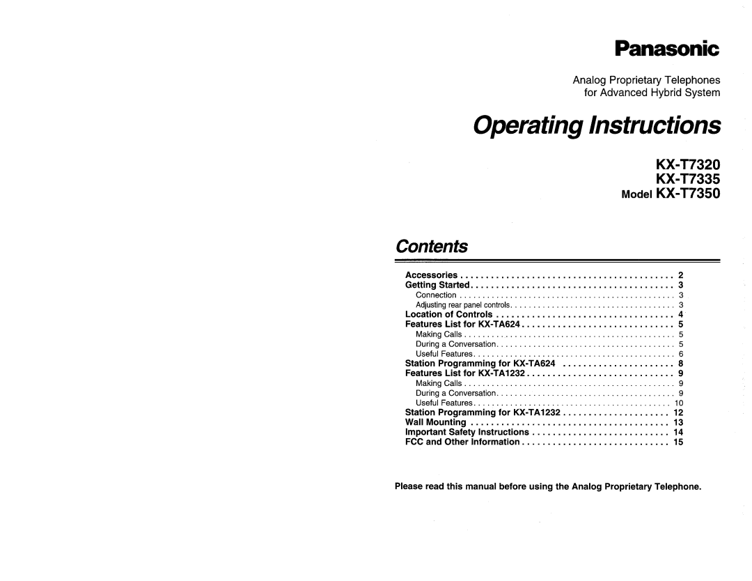 Panasonic KX-T7320, KX-T7335, KX-T7350 manual 