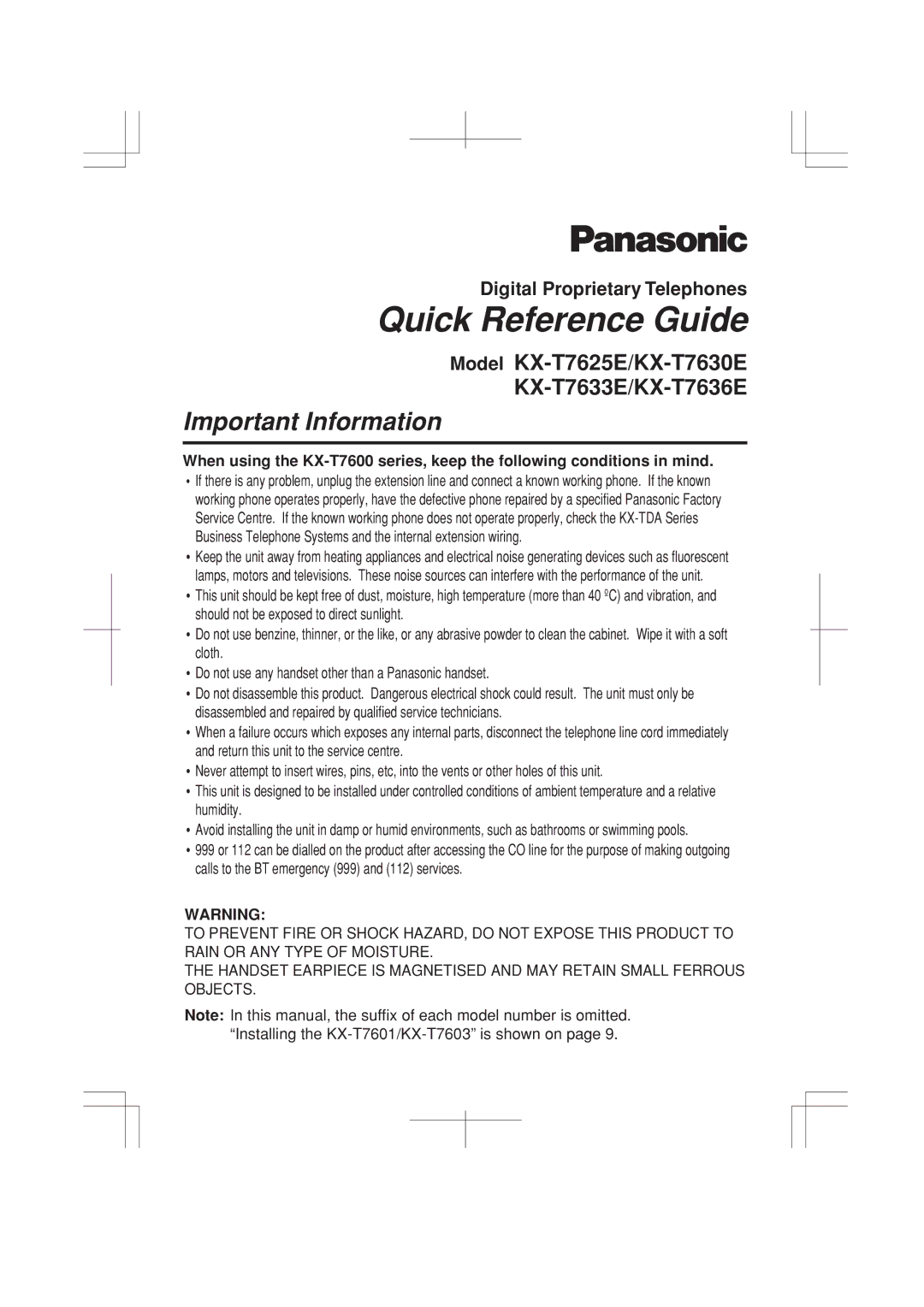 Panasonic KX-T7633E, KX-T7625E, KX-T7636E, KX-T7630E manual Quick Reference Guide, Important Information 